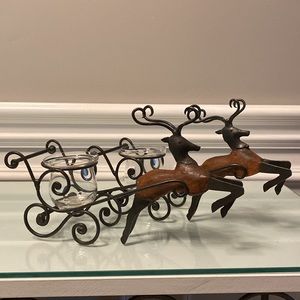 Pier 1 Iron & Wood Leaping Reindeer Candle Holders 7” H x 10.5” L